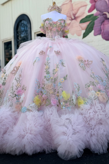 Ball Gown Off Shoulder Pink 3D Flowers Tulle Lace Sweet 16 Quinceanera Dresses HE1570