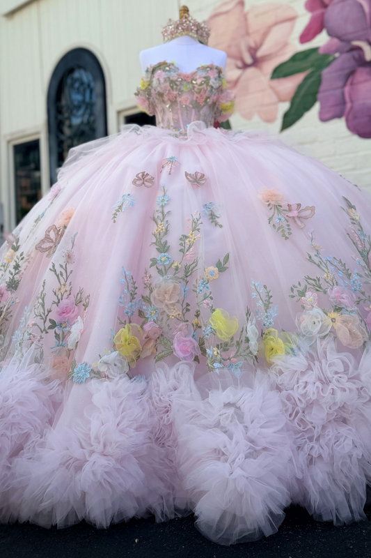Ball Gown Off Shoulder Pink 3D Flowers Tulle Lace Sweet 16 Quinceanera Dresses HE1570