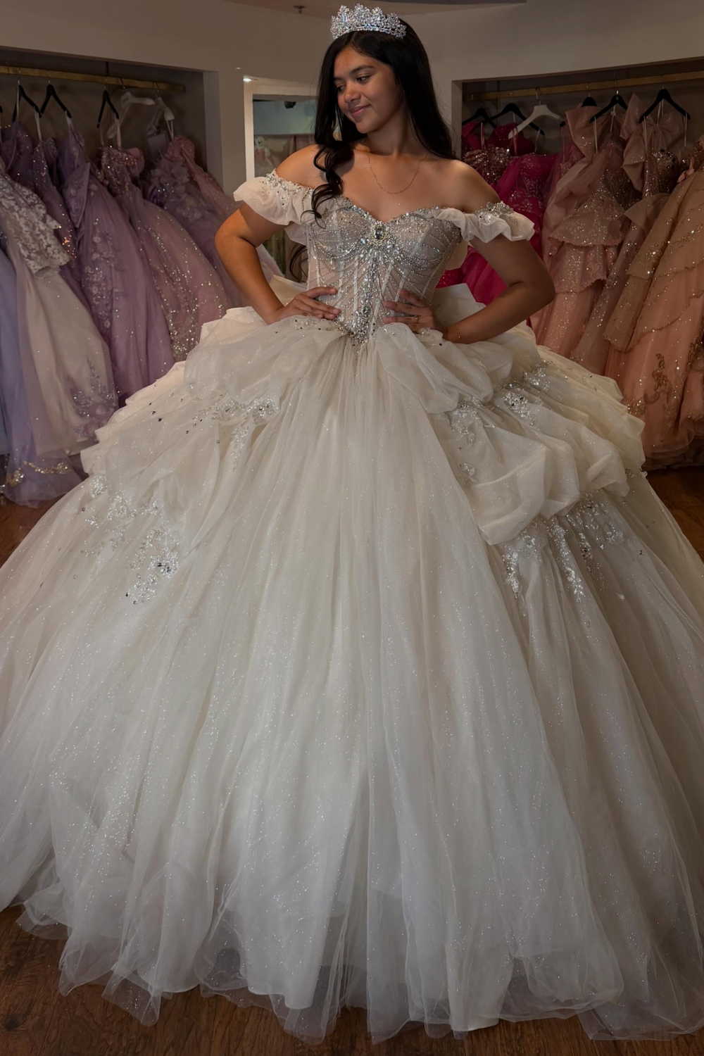 Ball Gown Lace Appliqued Beaded Tulle Sweet 16 Quinceanera Dresses with Bowknot HE1615