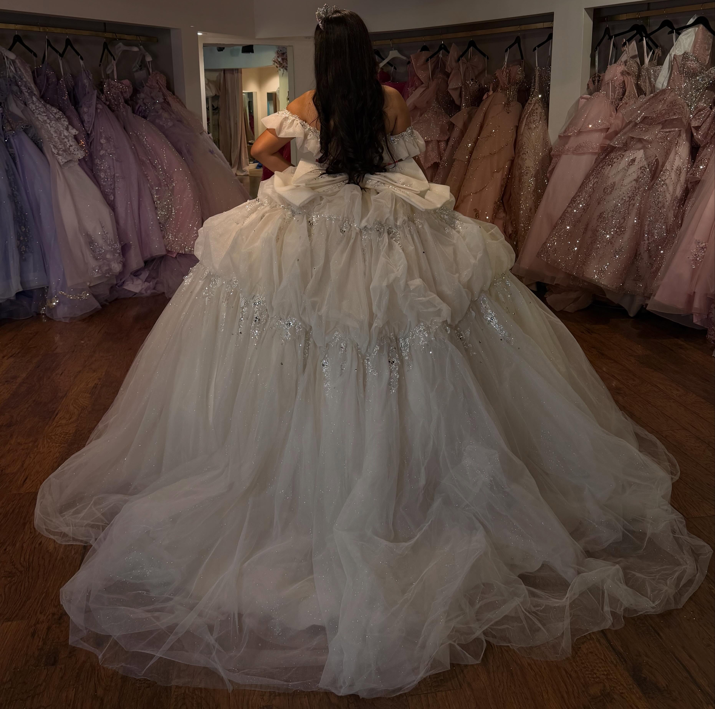 Ball Gown Lace Appliqued Beaded Tulle Sweet 16 Quinceanera Dresses with Bowknot HE1615