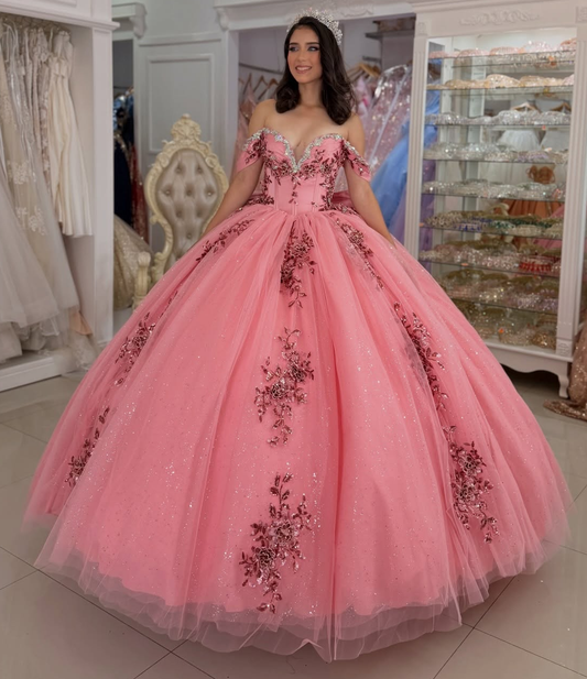 Lace Appliqued Beaded Off Shoulder Quinceanera Dresses Sweet 16 Birthday Gowns HE1599