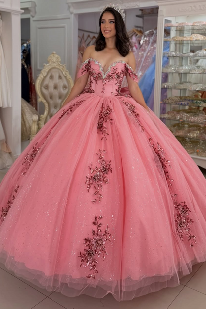 Lace Appliqued Beaded Off Shoulder Quinceanera Dresses Sweet 16 Birthday Gowns HE1599