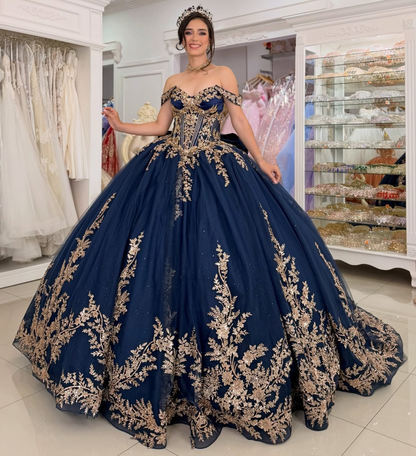 Tulle Lace Appliqued Off Shoulder Princess Quinceanera Dresses for Sweet 16 HE1601
