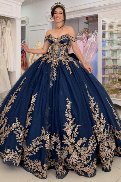 Tulle Lace Appliqued Off Shoulder Princess Quinceanera Dresses for Sweet 16 HE1601