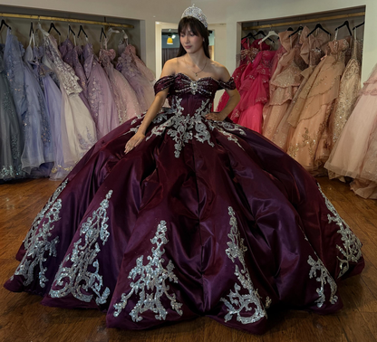 Off Shoulder Satin Crystal Beaded Luxury Ball Gown Quinceanera Dress for Sweet 16 HE1614