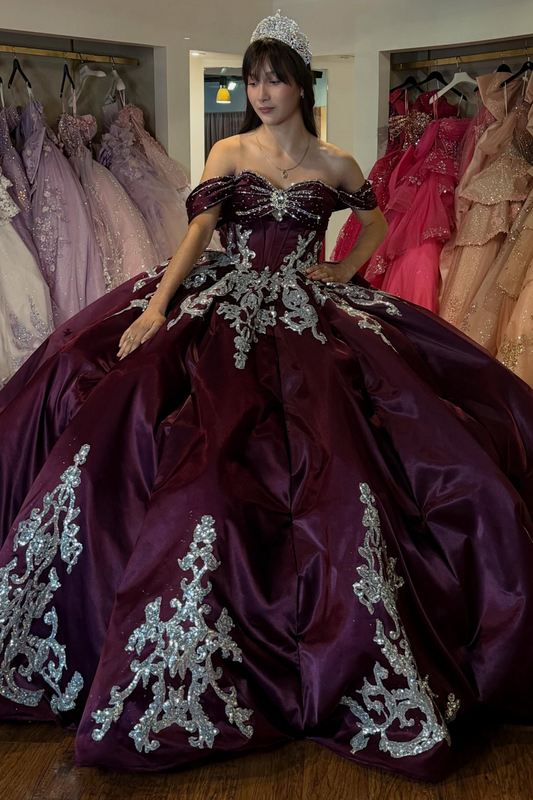 Off Shoulder Satin Crystal Beaded Luxury Ball Gown Quinceanera Dress for Sweet 16 HE1614
