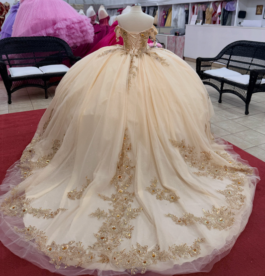 Off Shoulder Tulle Lace Appliqued Sweet 15 Champagne Quinceanera Dresses HE1572