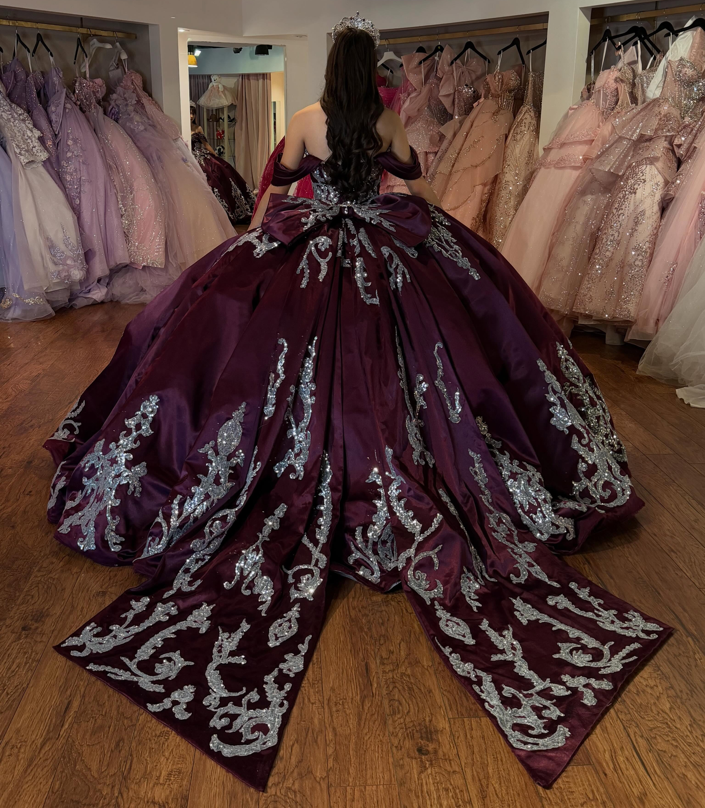 Off Shoulder Satin Crystal Beaded Luxury Ball Gown Quinceanera Dress for Sweet 16 HE1614