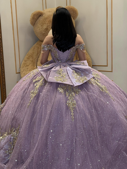 Glittery Tulle Lace Appliqued Off Shoulder Lilac Quinceanera Dress for Sweet 15 HE1586