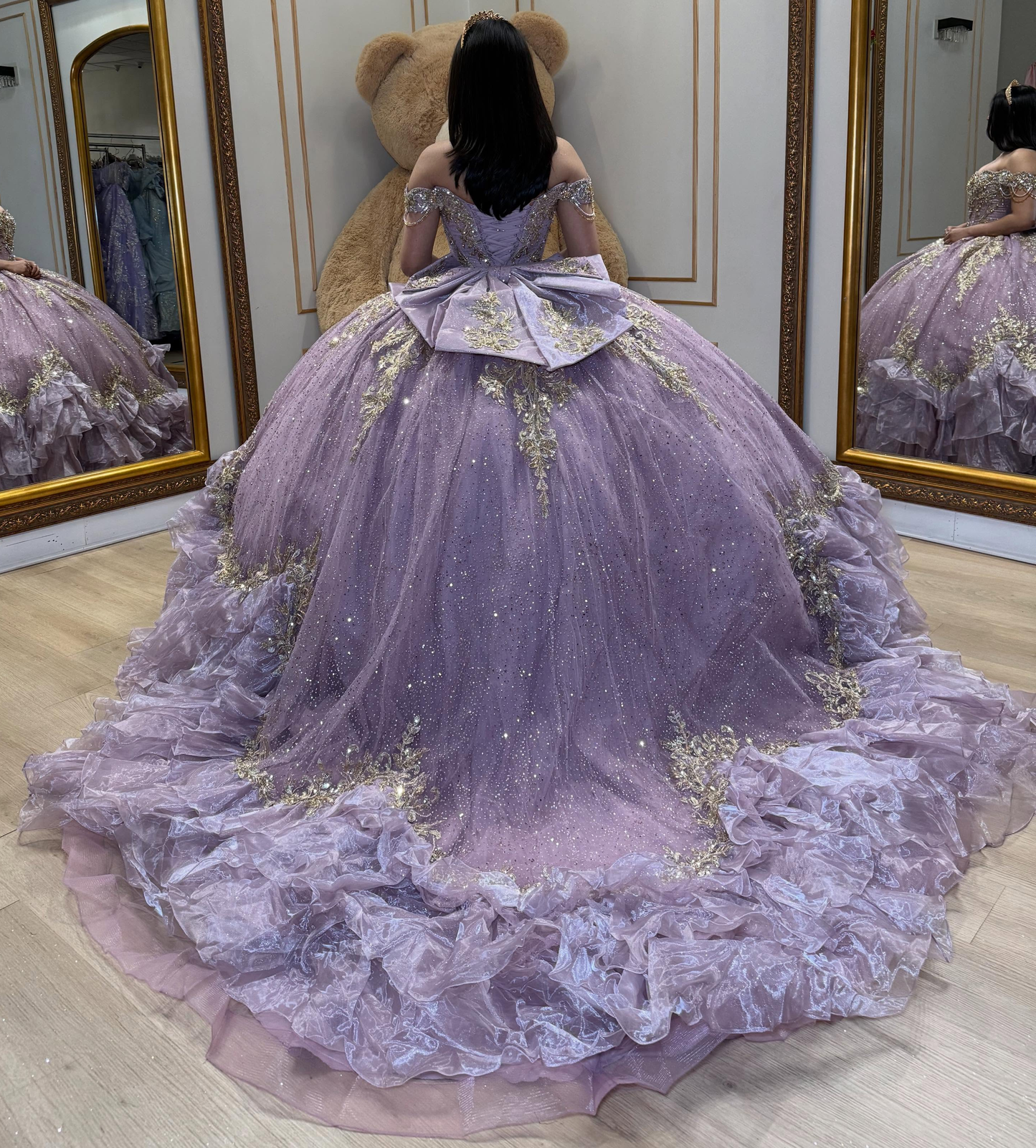 Glittery Tulle Lace Appliqued Off Shoulder Lilac Quinceanera Dress for Sweet 15 HE1586