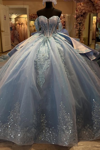 Glittery Tulle Lace Appliqued Off Shoulder Blue Quinceanera Dresses for Sweet 16 HE1573