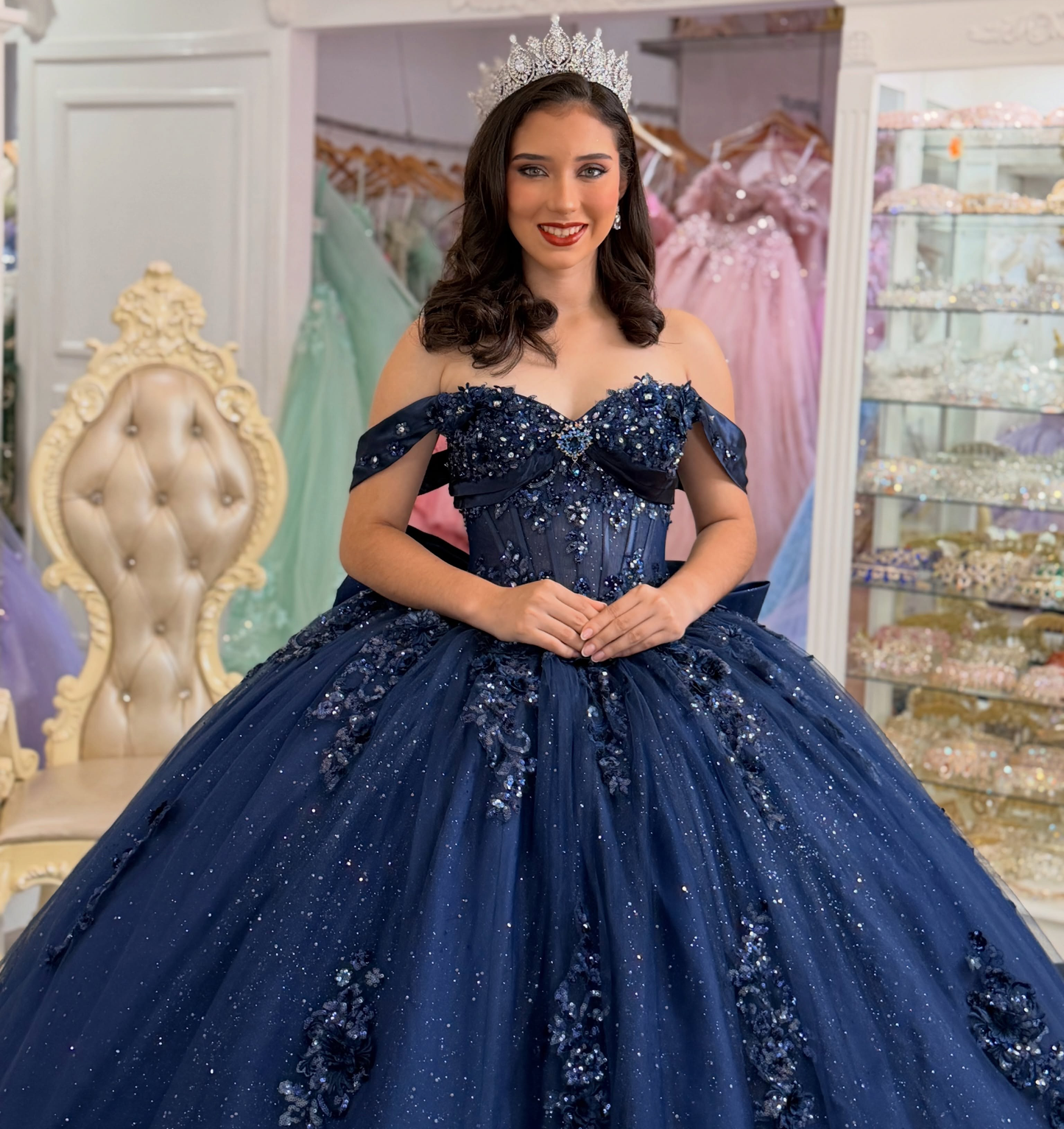 Off Shoulder Glittery Tulle Sweet 16 Quinceanera Dresses Lace Appliqued Party Gowns HE1597