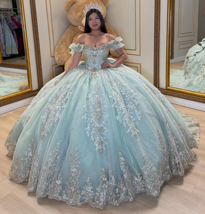Lace Appliqued Tulle Green Quinceanera Dresses Sweet 16 Princess Birthday Gowns HE1592