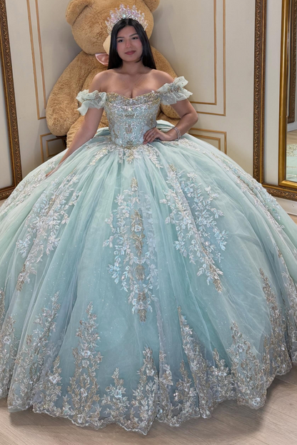 Lace Appliqued Tulle Green Quinceanera Dresses Sweet 16 Princess Birthday Gowns HE1592