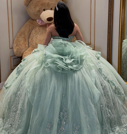 Glittery Tulle Sweetheart Lace Appliqued Green Quinceanera Dresses for Sweet 15 Party HE1595