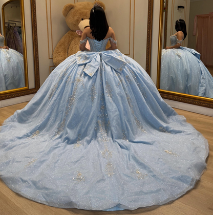 Ball Gown Lace Appliqued Blue Quinceanera Dresses Off Shoulder Sweet 16 Party Gowns HE1591