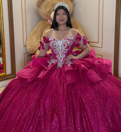 Glittery Tulle Crystal Beaded Off Shoulder Sweet 16 Quinceanera Dresses HE1589