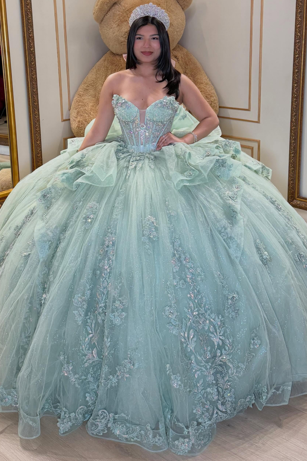 Glittery Tulle Sweetheart Lace Appliqued Green Quinceanera Dresses for