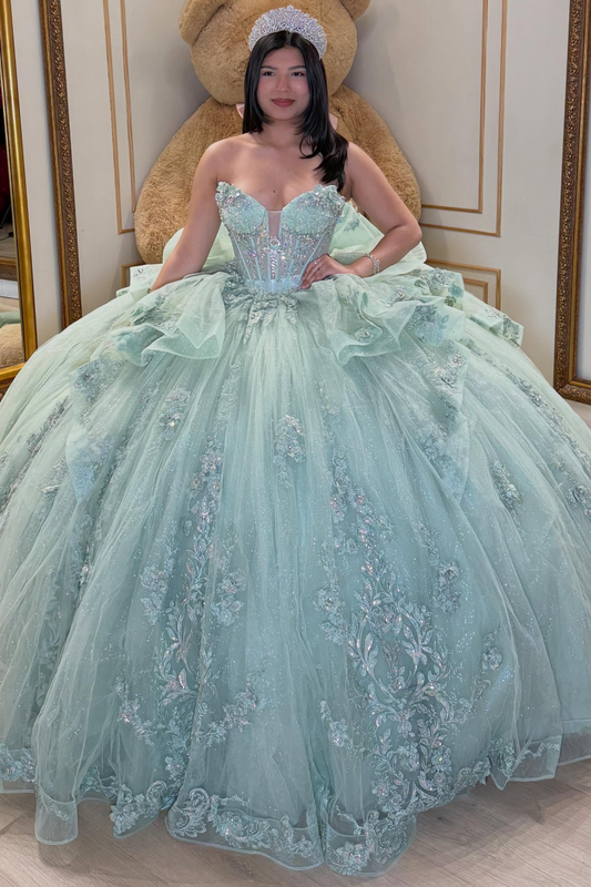 Glittery Tulle Sweetheart Lace Appliqued Green Quinceanera Dresses for Sweet 15 Party HE1595