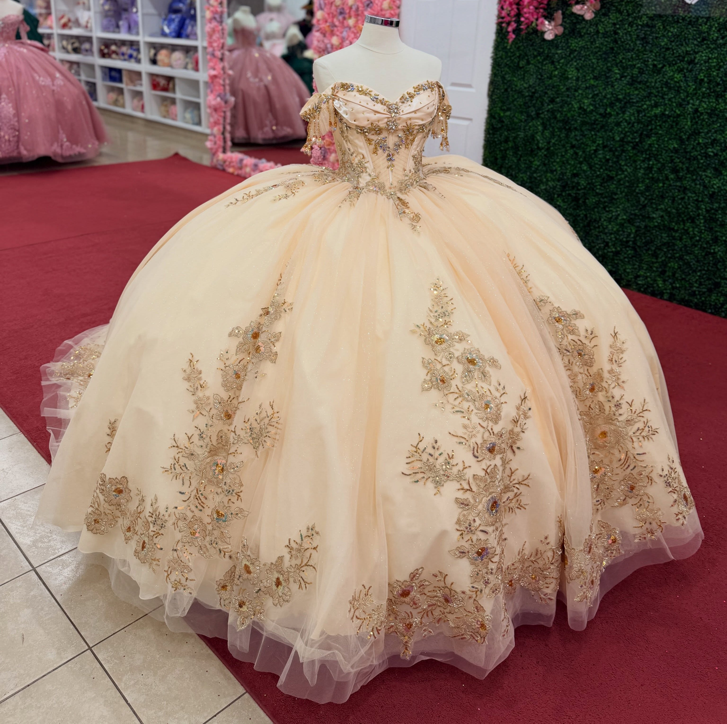Off Shoulder Tulle Lace Appliqued Sweet 15 Champagne Quinceanera Dresses HE1572