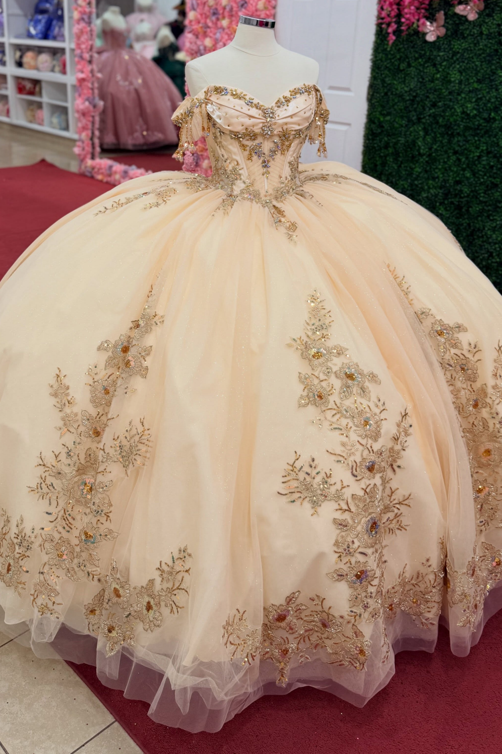 Off Shoulder Tulle Lace Appliqued Sweet 15 Champagne Quinceanera Dresses HE1572