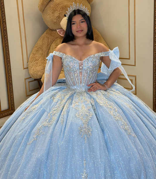 Princess Luxury Crystal Beaded Blue Quinceanera Dresses Sweet 16 Lace Appliqued Party Gown HE1590