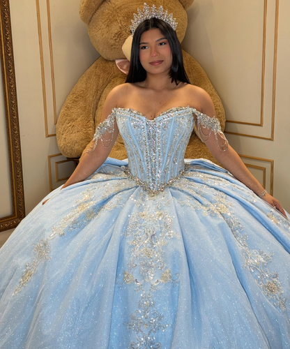 Ball Gown Lace Appliqued Blue Quinceanera Dresses Off Shoulder Sweet 16 Party Gowns HE1591