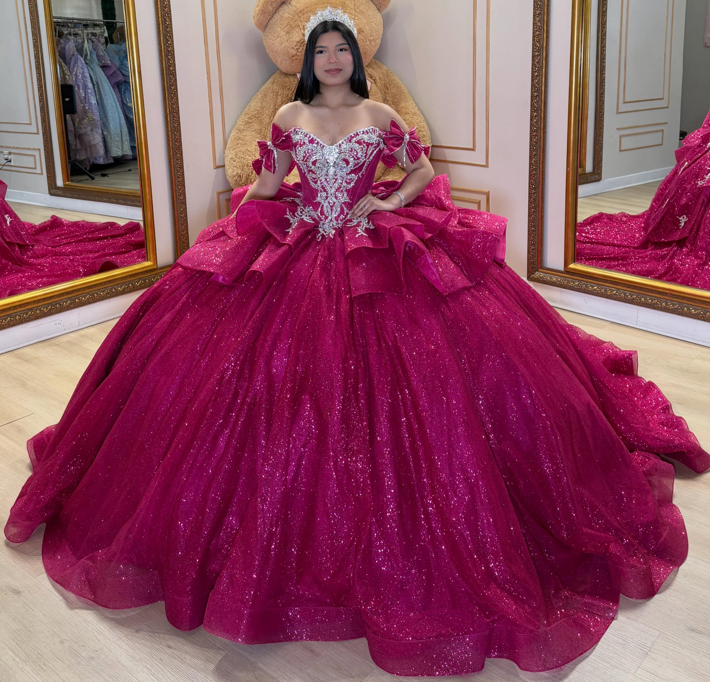 Glittery Tulle Crystal Beaded Off Shoulder Sweet 16 Quinceanera Dresses HE1589