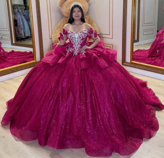 Glittery Tulle Crystal Beaded Off Shoulder Sweet 16 Quinceanera Dresses HE1589