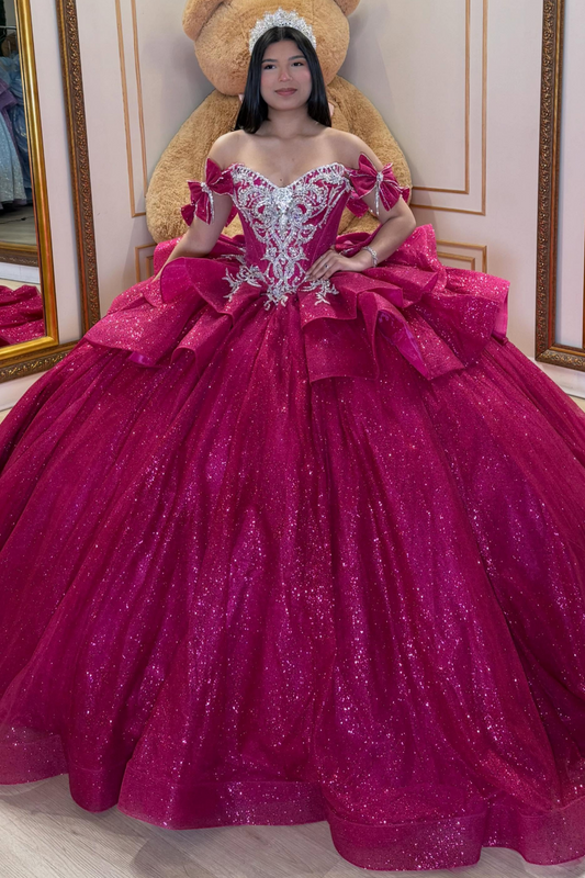 Glittery Tulle Crystal Beaded Off Shoulder Sweet 16 Quinceanera Dresses HE1589