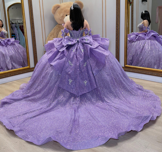 Lace Beaded Glittery Lilac Quinceanera Dresses Sweet 15 Birthday Party Gown HE1588