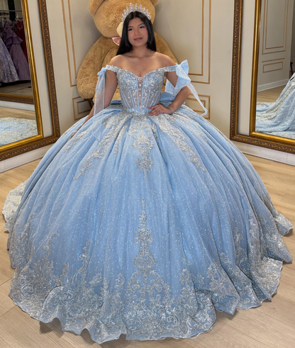 Princess Luxury Crystal Beaded Blue Quinceanera Dresses Sweet 16 Lace Appliqued Party Gown HE1590