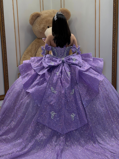 Lace Beaded Glittery Lilac Quinceanera Dresses Sweet 15 Birthday Party Gown HE1588