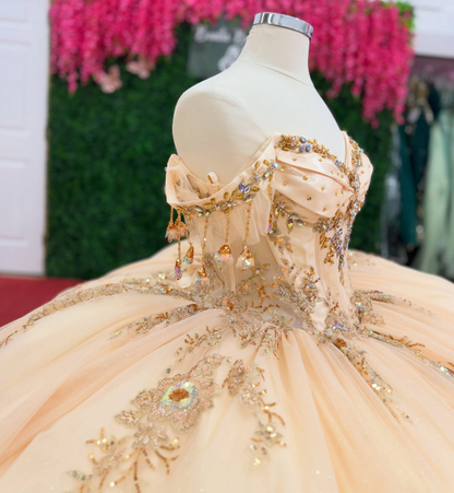 Off Shoulder Tulle Lace Appliqued Sweet 15 Champagne Quinceanera Dresses HE1572