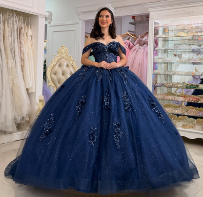 Off Shoulder Glittery Tulle Sweet 16 Quinceanera Dresses Lace Appliqued Party Gowns HE1597