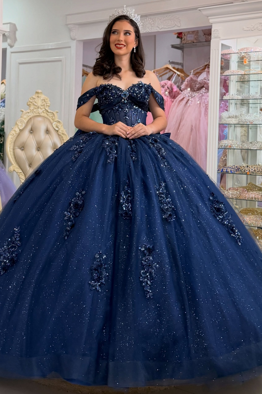 Off Shoulder Glittery Tulle Sweet 16 Quinceanera Dresses Lace Appliqued Party Gowns HE1597