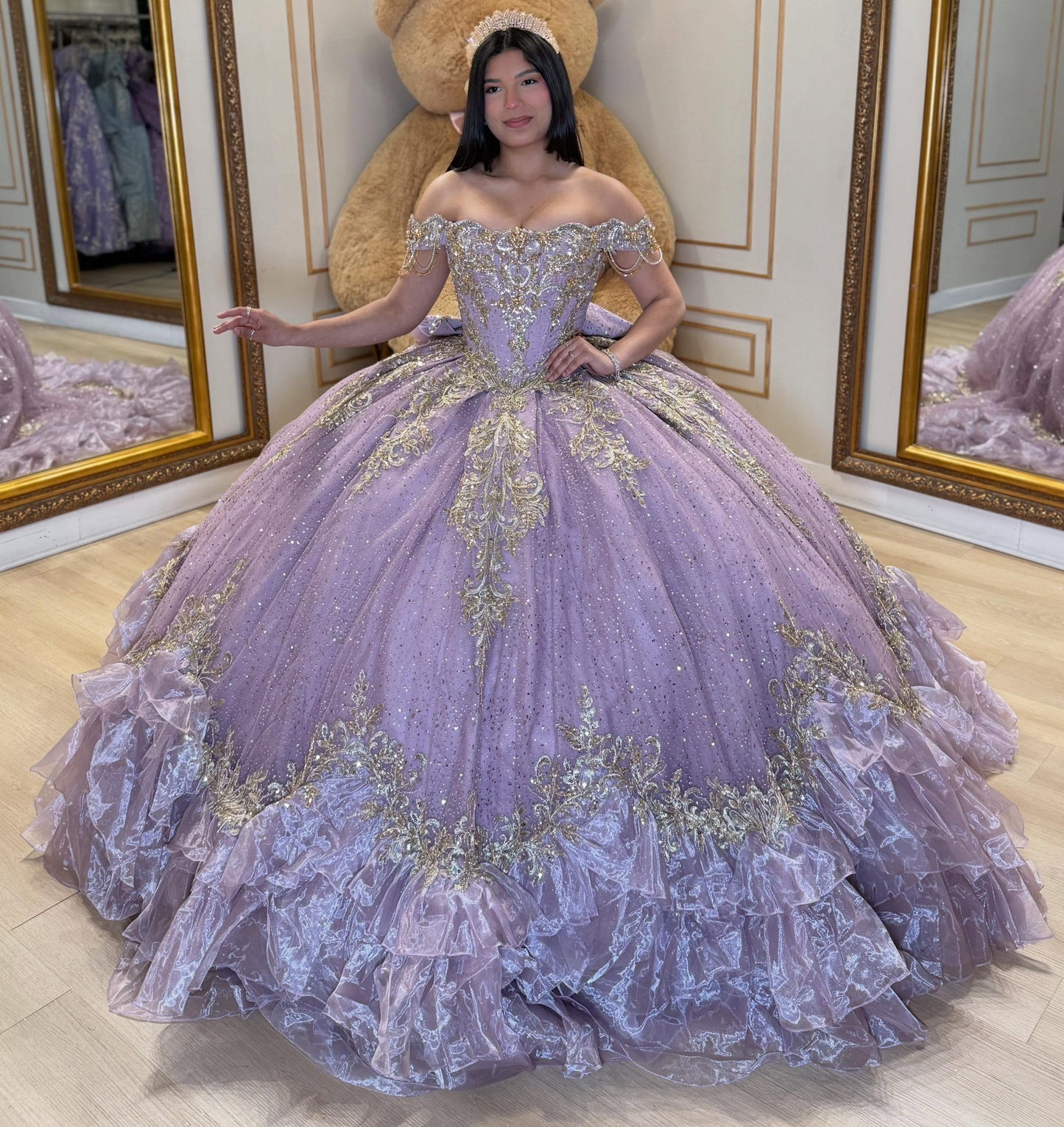 Glittery Tulle Lace Appliqued Off Shoulder Lilac Quinceanera Dress for Sweet 15 HE1586