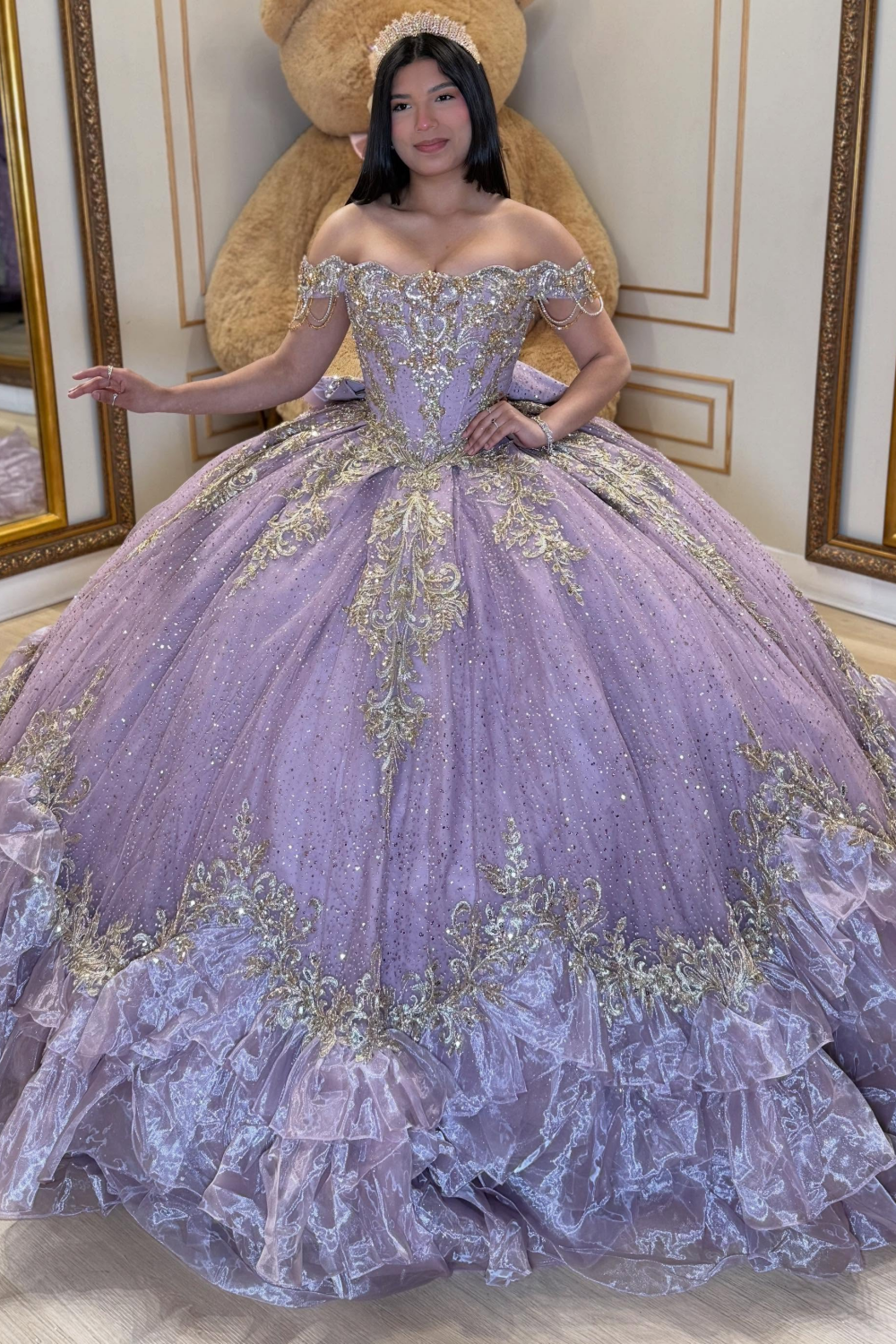 Glittery Tulle Lace Appliqued Off Shoulder Lilac Quinceanera Dress for Sweet 15 HE1586
