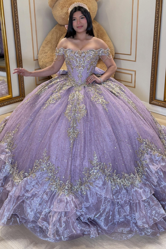 Glittery Tulle Lace Appliqued Off Shoulder Lilac Quinceanera Dress for Sweet 15 HE1586
