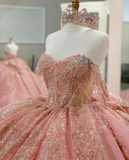 Tulle Lace Appliqued Pink Off Shoulder Sweet 16 Quinceanera Dresses with Tiered HE1607