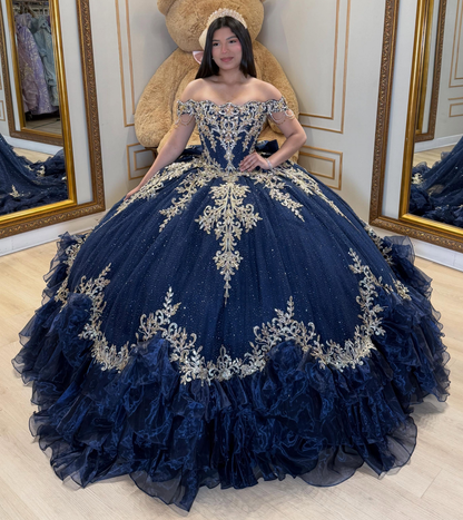 Tulle Appliqued Crystal Beaded Off Shoulder Quinceanera Dresses with Ruffled HE1587