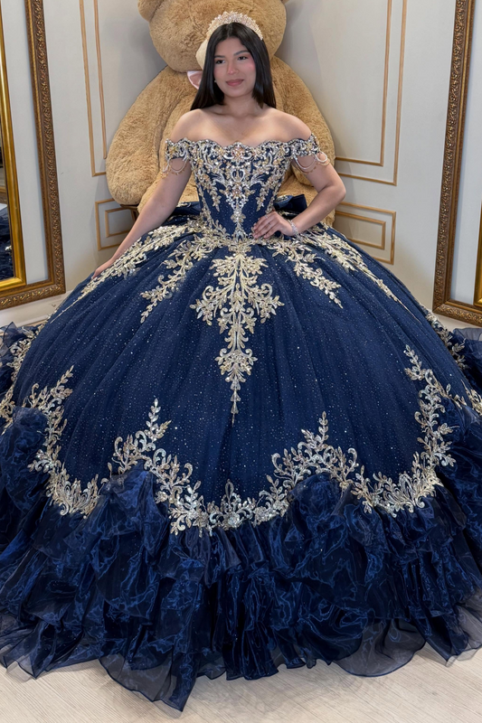Tulle Appliqued Crystal Beaded Off Shoulder Quinceanera Dresses with Ruffled HE1587