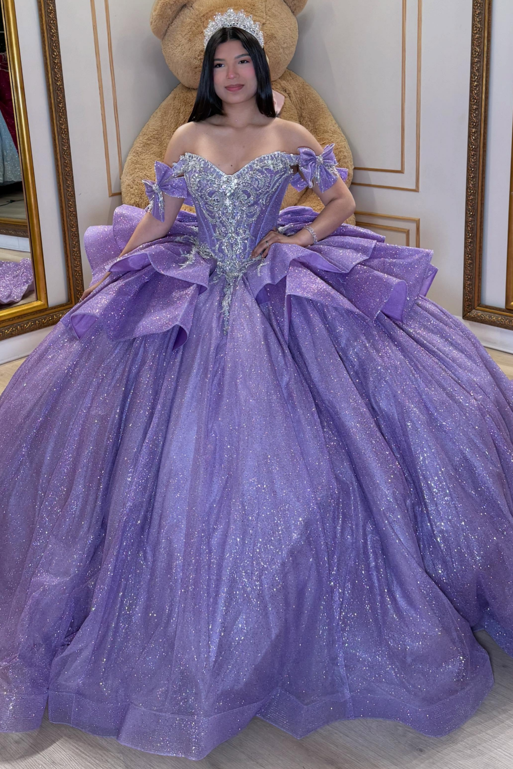 Off Shoulder Green Lace 3D Flowers Beaded Quinceanera Dress for Sweet