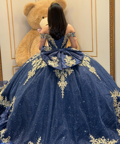 Tulle Appliqued Crystal Beaded Off Shoulder Quinceanera Dresses with Ruffled HE1587
