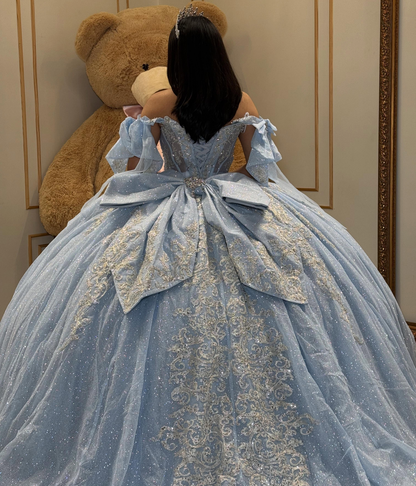Princess Luxury Crystal Beaded Blue Quinceanera Dresses Sweet 16 Lace Appliqued Party Gown HE1590