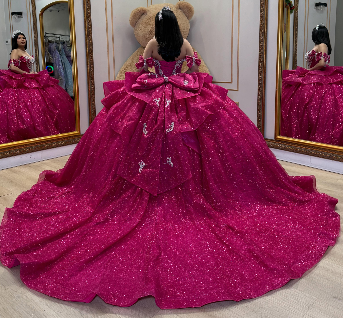 Glittery Tulle Crystal Beaded Off Shoulder Sweet 16 Quinceanera Dresses HE1589