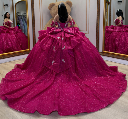 Glittery Tulle Crystal Beaded Off Shoulder Sweet 16 Quinceanera Dresses HE1589