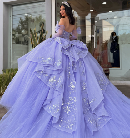 Long Sleeves Princess Tulle Appliqued Ruffled Lilac Quinceanera Dresses for Sweet 16 HE1596