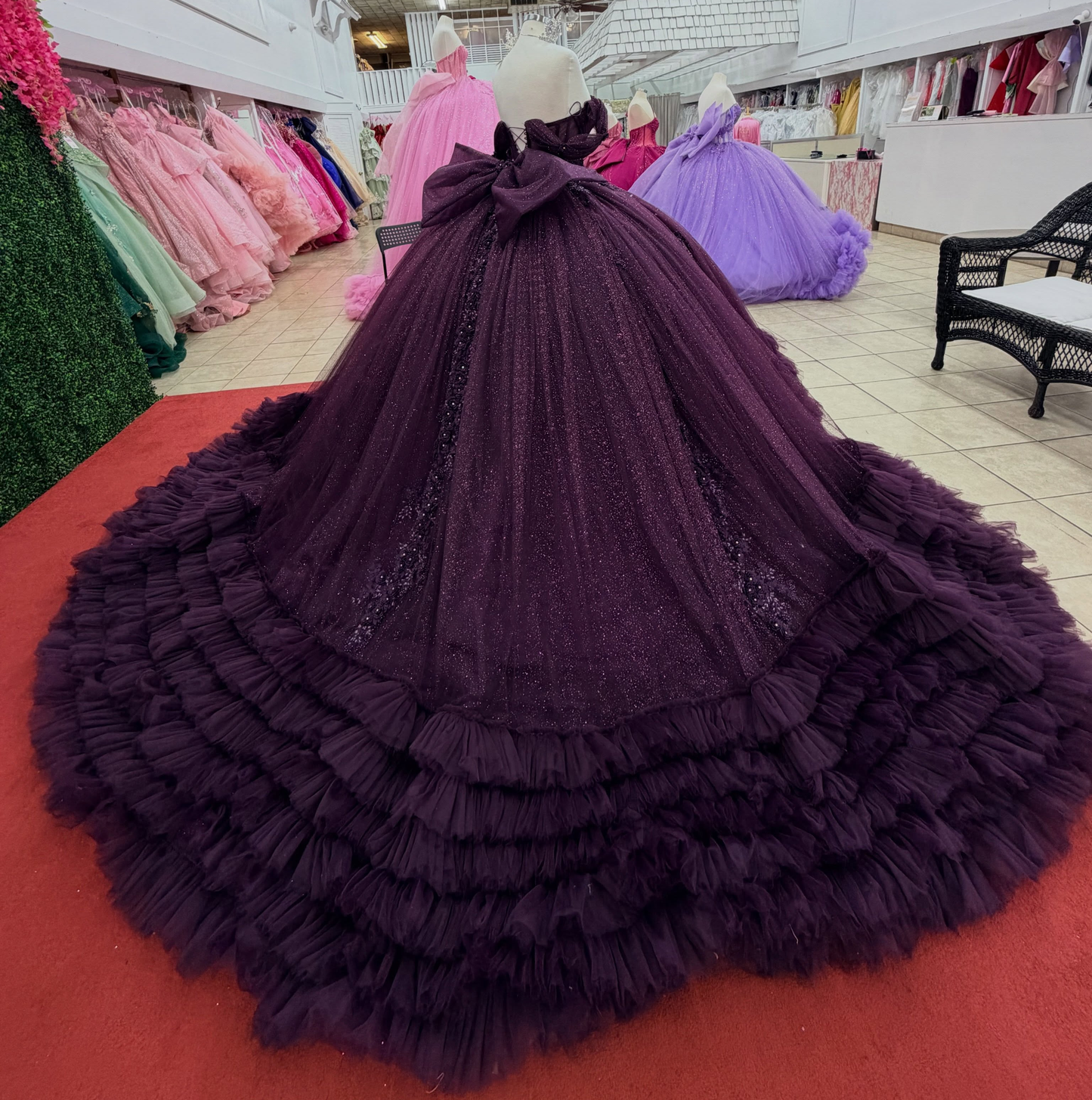 Off Shoulder Glitter Tulle Quinceanera Dress Lace Appliqué Tiered Sweet 16 Party Gown HE1609