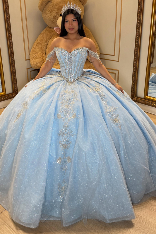 Ball Gown Lace Appliqued Blue Quinceanera Dresses Off Shoulder Sweet 16 Party Gowns HE1591